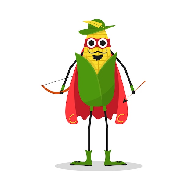 Funny cartoon corn superhero in costume character Cute food vegetable corn in super hero cloak