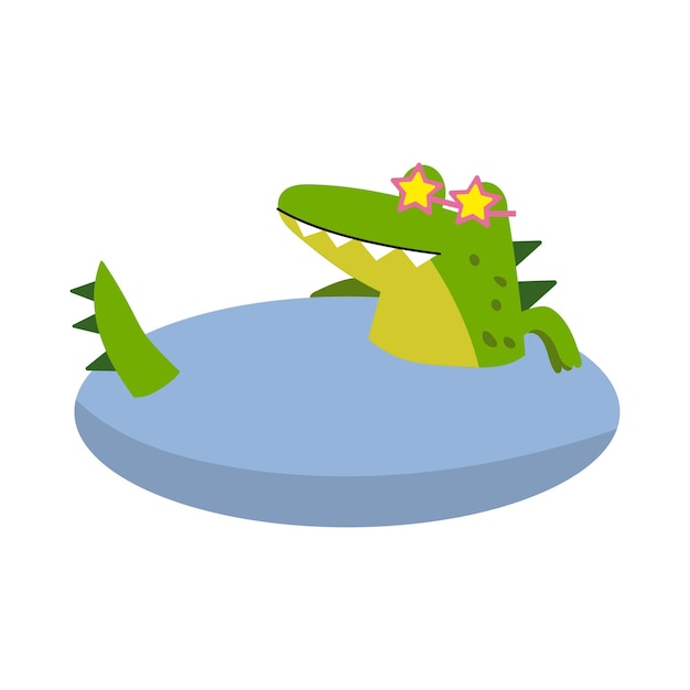 Funny cartoon crocodile character wearing glasses swimming in a pond vector Illustration isolated on a white background