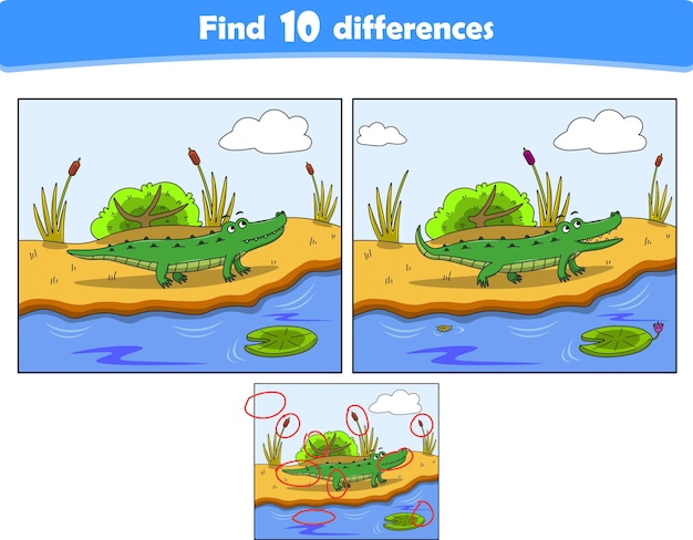 面白い漫画ワニ 10 の違いを見つける子供教育ゲーム漫画のベクトル図