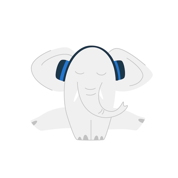 Funny cartoon cute gray elephant. Cute elephant listens to music in headphones while sitting on a twine. A funny animal. Isolated over white background. Vector illustration.