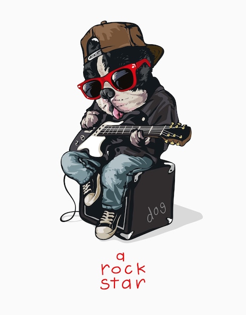 Funny cartoon dog in sunglasses with electric guitar illustration