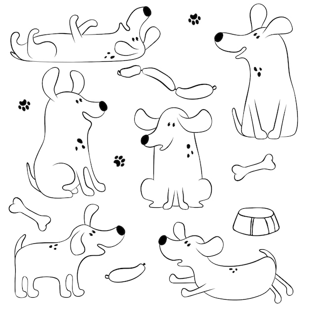 Vector funny cartoon dogs a bowl for eating sausages and a sugar bone