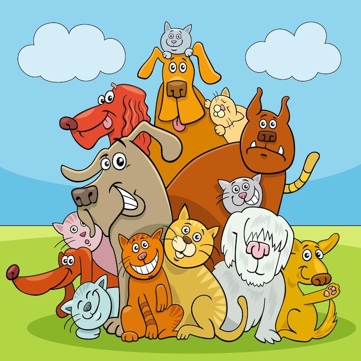 Vector 재미있는 만화 개와 고양이 캐릭터 그룹