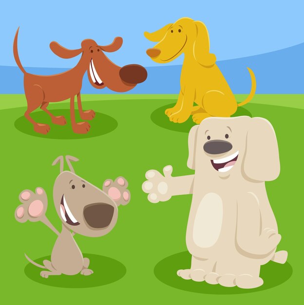 Vector funny cartoon dogs and puppies animal characters group