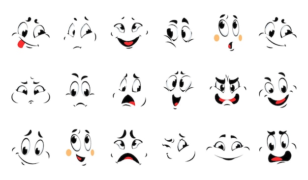 Facce divertenti dei cartoni animati. emozioni comiche diverse. le espressioni della raccolta di caratteri vettoriali sorridono e sono confuse, arrabbiate e tristi. emoji carino contorno linee nere con lingua rossa isolato su sfondo bianco