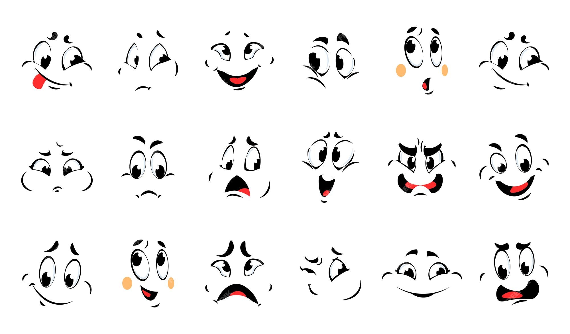 Premium Vector | Funny cartoon faces. comic different emotions. vector  character collection expressions smile and confused, angry and sad. cute  emoji contour black lines with red tongue isolated on white background