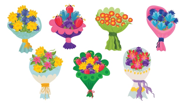 Funny cartoon flower bouquets in wrapping paper set. Chamomile, tulip, rose isolated