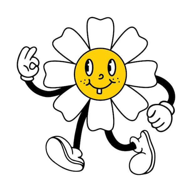 Funny cartoon flower emotion daisy comics in the retro cartoon groovy style