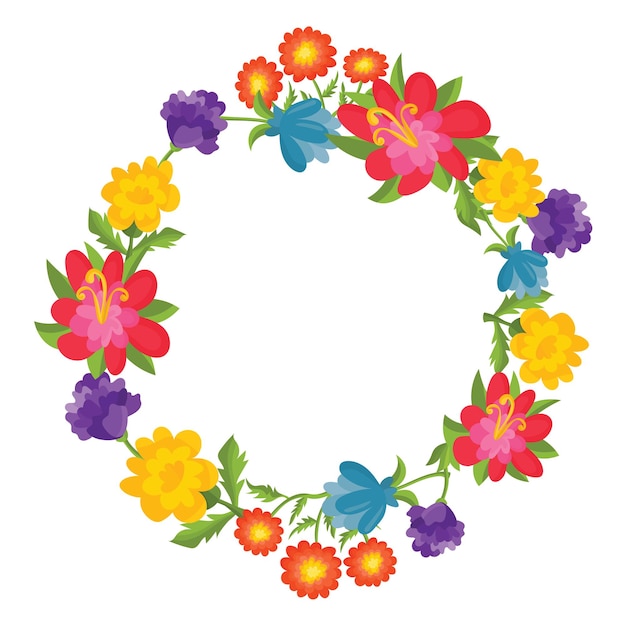 Funny cartoon flower wreath with chamomile tulip rose isolated on white background Children's style