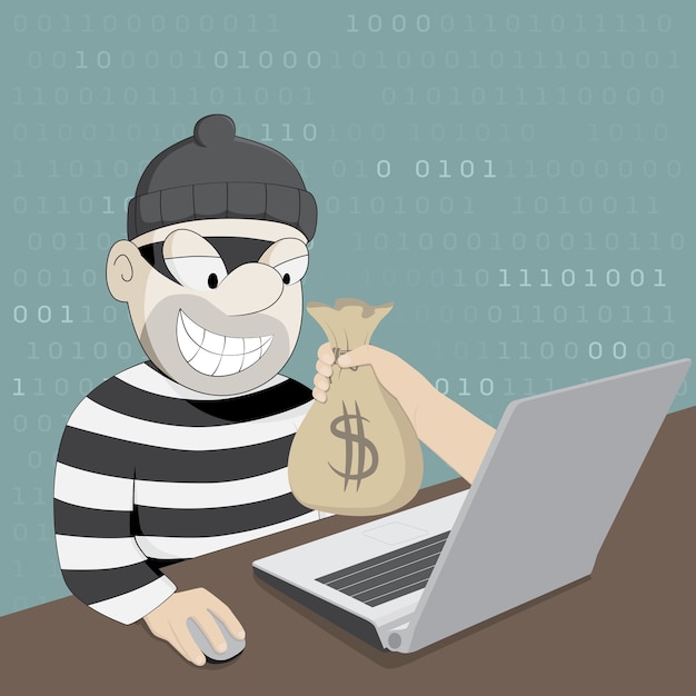 Funny cartoon hacker stealing money from laptop