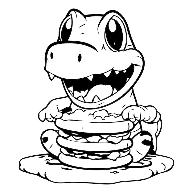 Funny cartoon hippo with stack of pancakes vector illustration