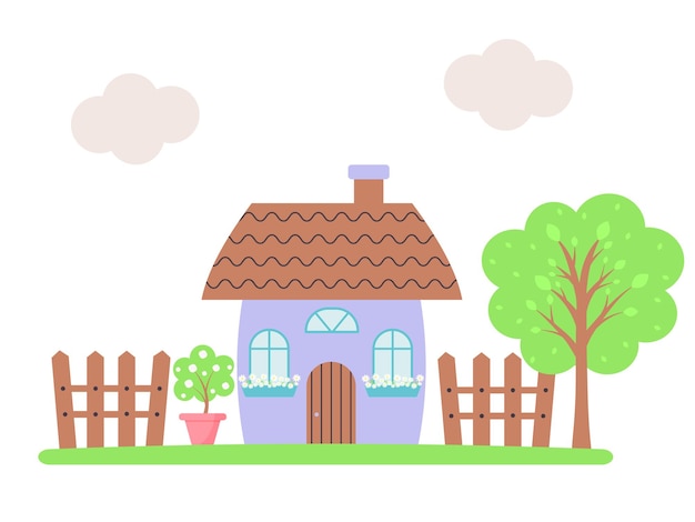 Funny cartoon house with fence tree and potted plant with flowers