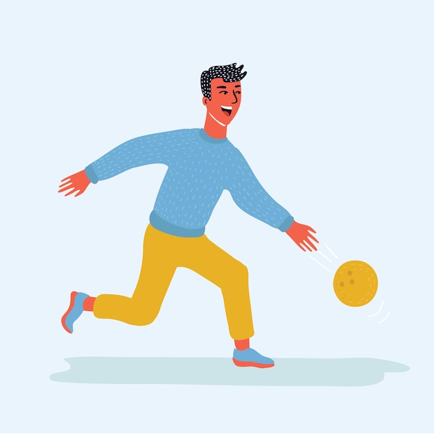 funny cartoon illustration in modern style of happy man playing bowling cartoon character