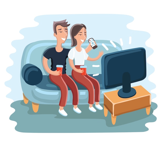 Funny cartoon illustration of young fman and women watching tv program together in the living room