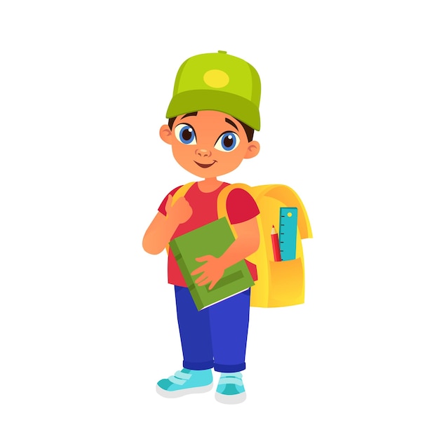 Funny cartoon little boy with school bag