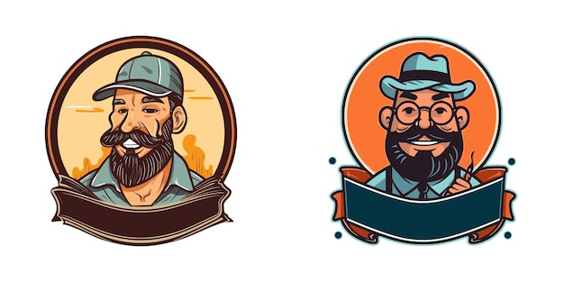 Funny cartoon logo bearded man Vector illustration