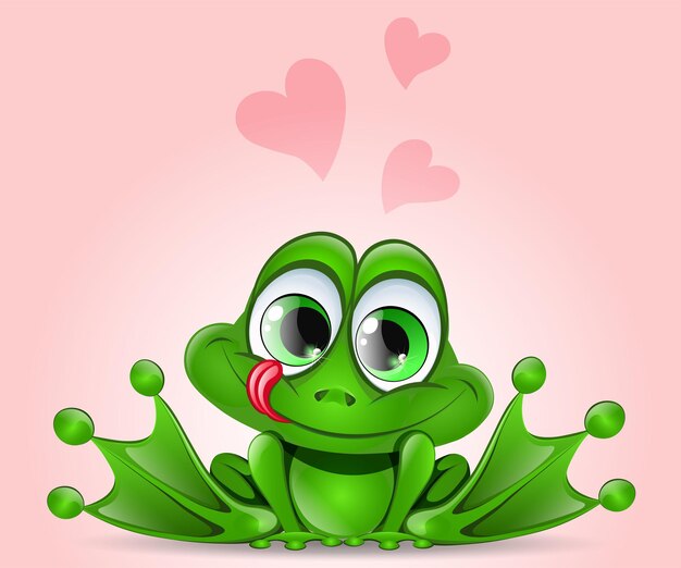 Funny Cartoon In Love Frog With Crossed Eyes, Tongue Out And Hearts