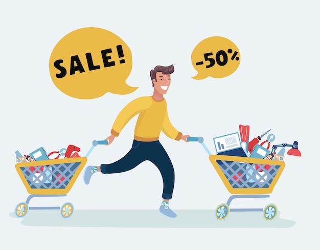 Premium Vector | Funny cartoon man running greedy pushing supermarket trolleys full sales Premium Vector | Funny cartoon man running greedy pushing supermarket trolleys full sales
