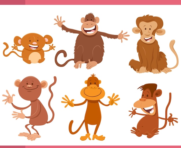 Funny cartoon monkeys animal characters set