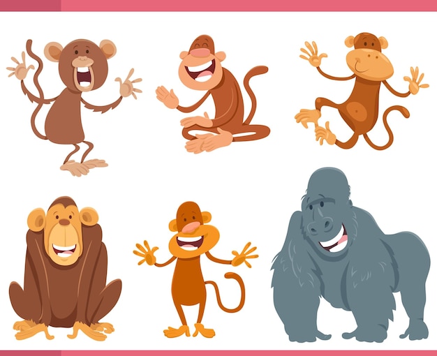 Funny cartoon monkeys and apes animal characters set