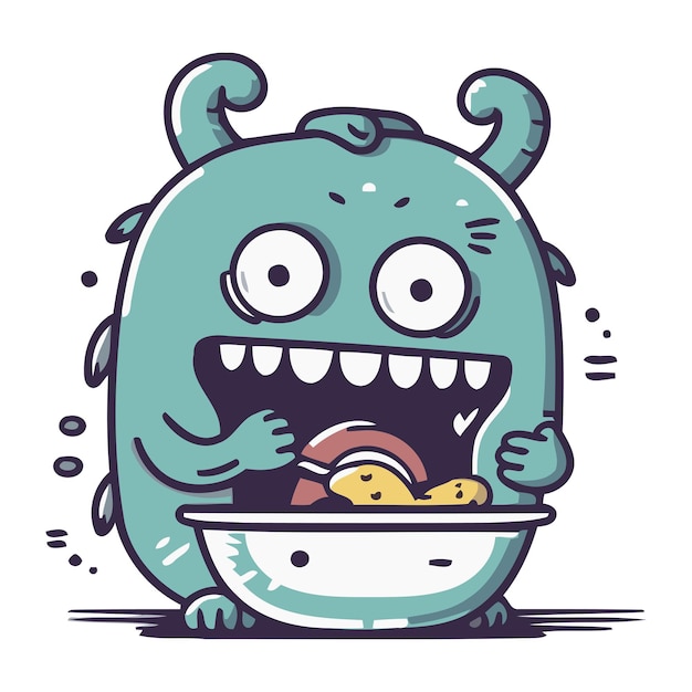 Funny cartoon monster with a bowl of food Vector illustration