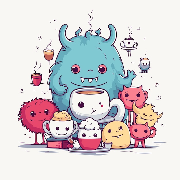 Funny cartoon monster with coffee tea milk and sweets Vector illustration