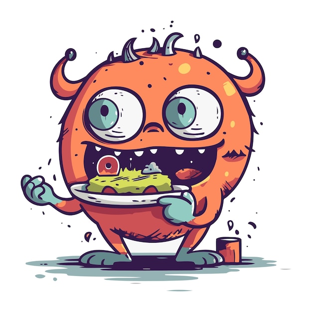 Vector funny cartoon monster with a plate of food vector illustration