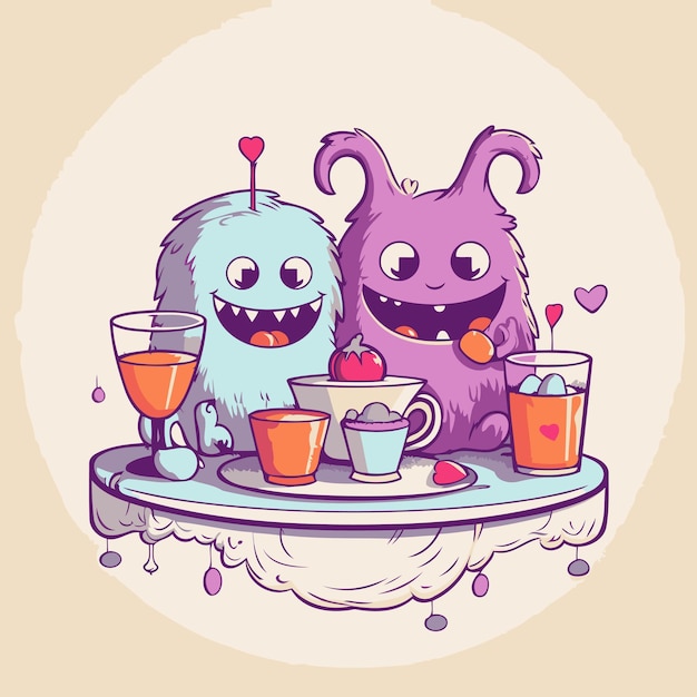 Vector funny cartoon monsters with cups of coffee illustration in vector format