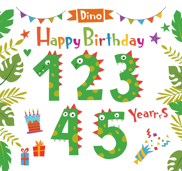 Divertenti cartoni animati numeri dinosauri ed elementi di design per biglietto d'auguri o invito a una festa