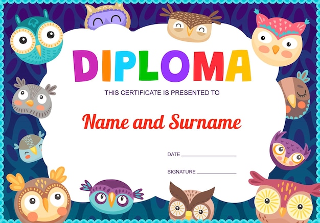 Divertente cartone animato gufi e gufi bambini diploma design