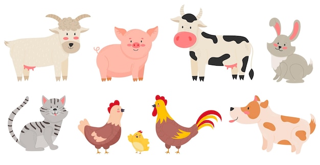 Vector funny cartoon pets domestic animals vector flat icons