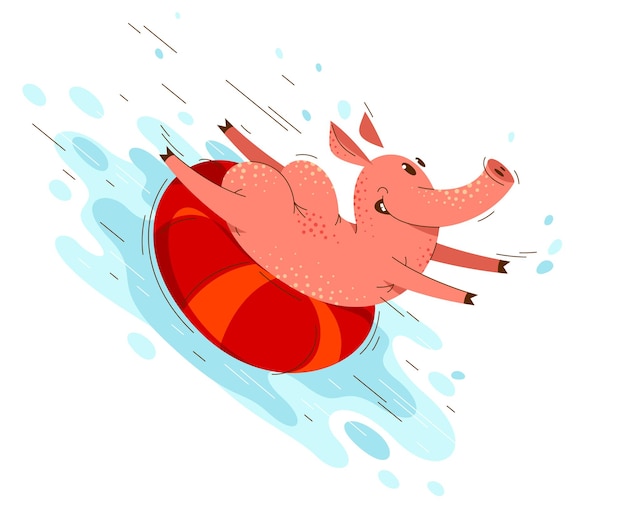 Divertente cartone animato di maiale scivola sull'acqua usando l'anello nel parco acquatico o nel mare spiaggia divertimento estivo illustrazione vettoriale, attività felice godendo il disegno del personaggio dei maiali animali.