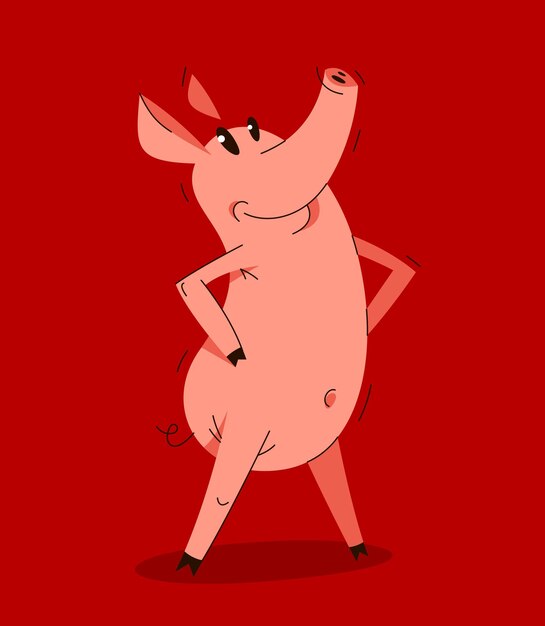 Funny cartoon pig standing confident and humorous vector illustration, animal character swine drawing.