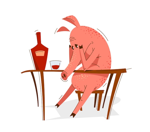 Funny cartoon pig upset and depressed sitting and drinking alcohol vector illustration, animal character swine drawing.