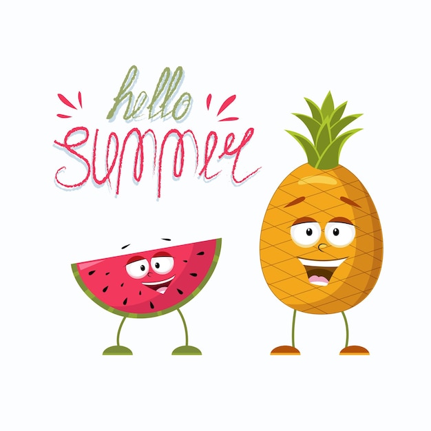 Funny cartoon pineapple and watermelon and the inscription hello summer vector flat graphics on an isolated white background