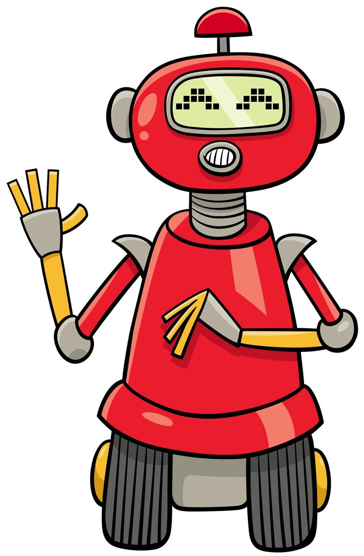 Vector funny cartoon red robot fantasy character waving its hand