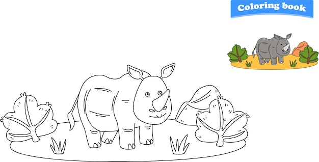 Funny cartoon rhino Coloring pages Vector illustration