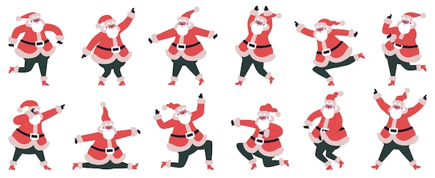 Funny cartoon santa claus dancing and jumping characters vector illustration set