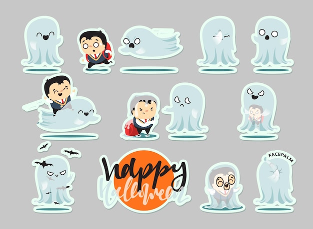 Vector funny cartoon schoolboy character and ghosts, scene concept adventure on halloween. doodle cute characters for holiday happy halloween. children and mythical creatures. isolated vector illustration