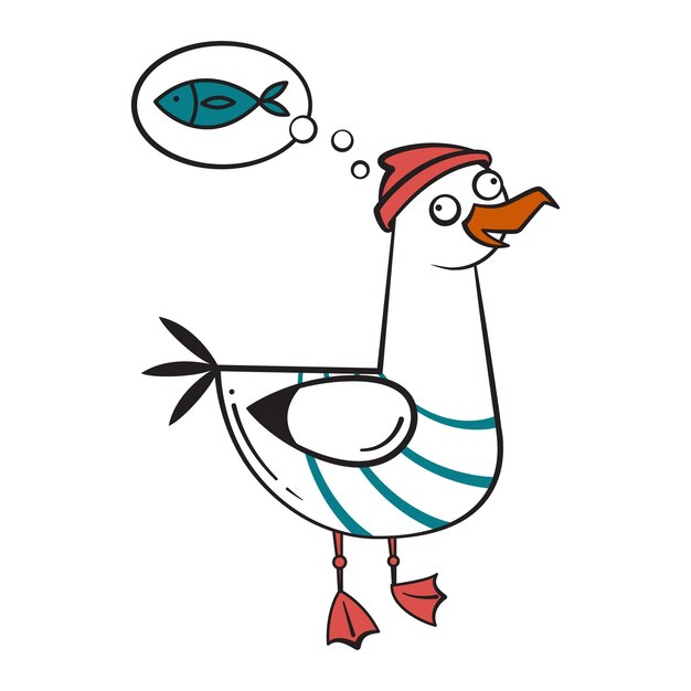 Funny cartoon seagull dreaming Isolated vector character