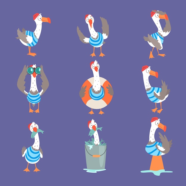 Забавная мультипликационная чайка, показывающая различные действия и эмоции, милые комические персонажи птиц