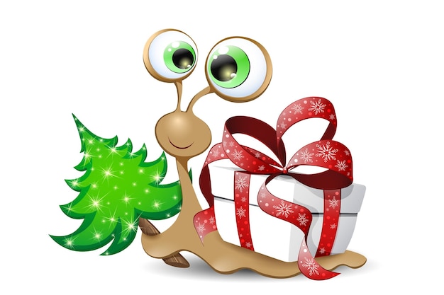 Funny cartoon Snail with Christmas gift box shell, holding Christmas fir tree. Xmas concept