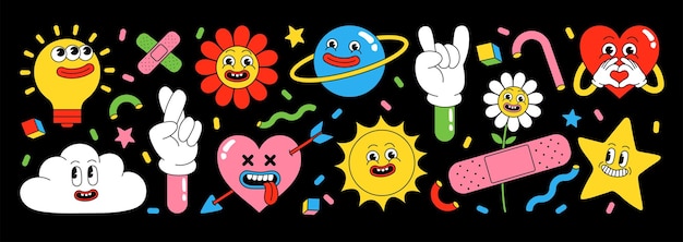 Funny cartoon sticker pack Heart sun planet berry abstract faces etc