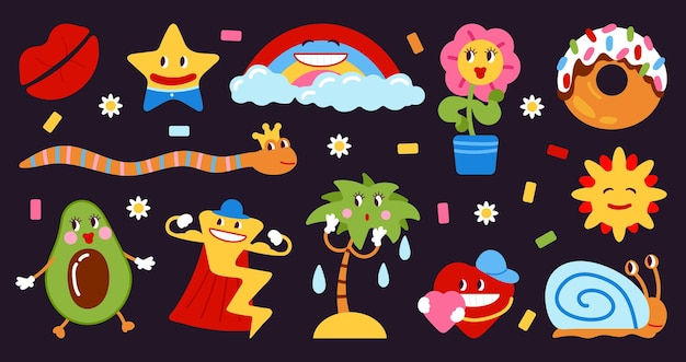 Funny cartoon stickers fashionable smile pack comic shapes design 80s style trendy patches cloud flower and star fun childish characters decent vector set