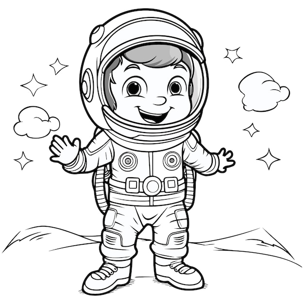 Funny cartoon style boy astronaut in the open space