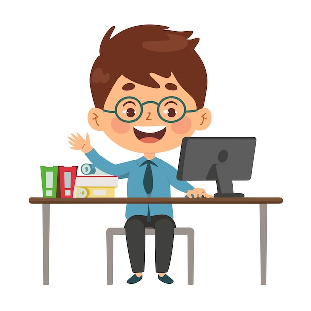 Funny cartoon teacher the person working on a laptop childrens cartoon illustration vector