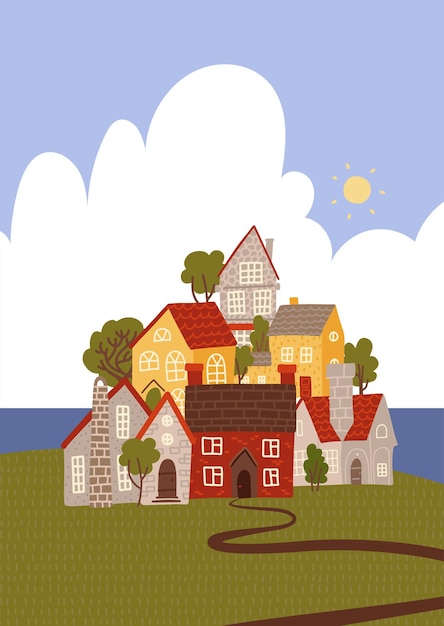 Vector funny cartoon town by the sea. cozy houses and trees stacked.