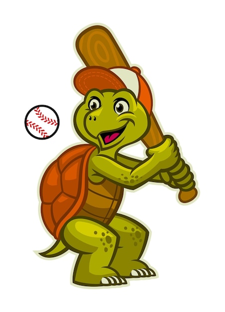 Вектор Забавный мультяшный талисман черепахи, играющий в бейсбол