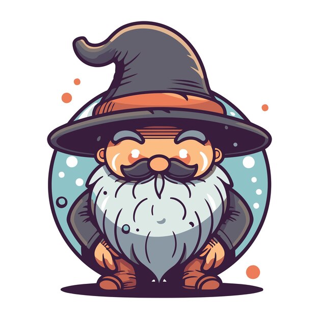 Vector funny cartoon wizard with long beard and hat vector illustration