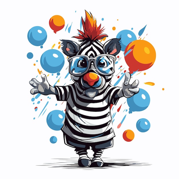 Vector funny cartoon zebra clown with balloons vector illustration isolated on white background